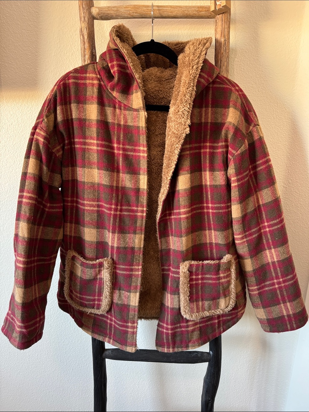 Plaid Sherpa-Lined Jacket in Red and Tan